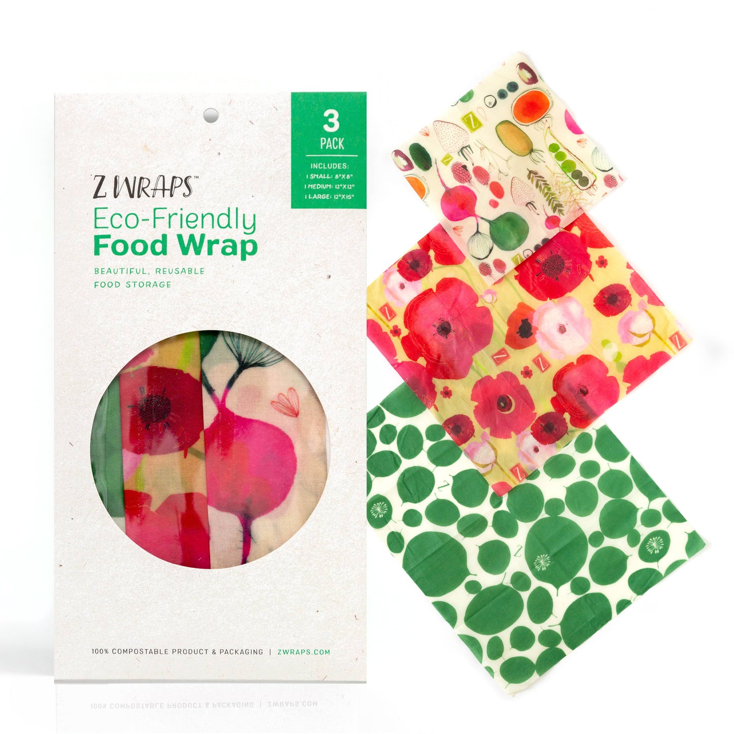 Z Wraps - Z Wraps 3-Pack Reusable Beeswax Food Wrap, 3 Designs-S,M,L