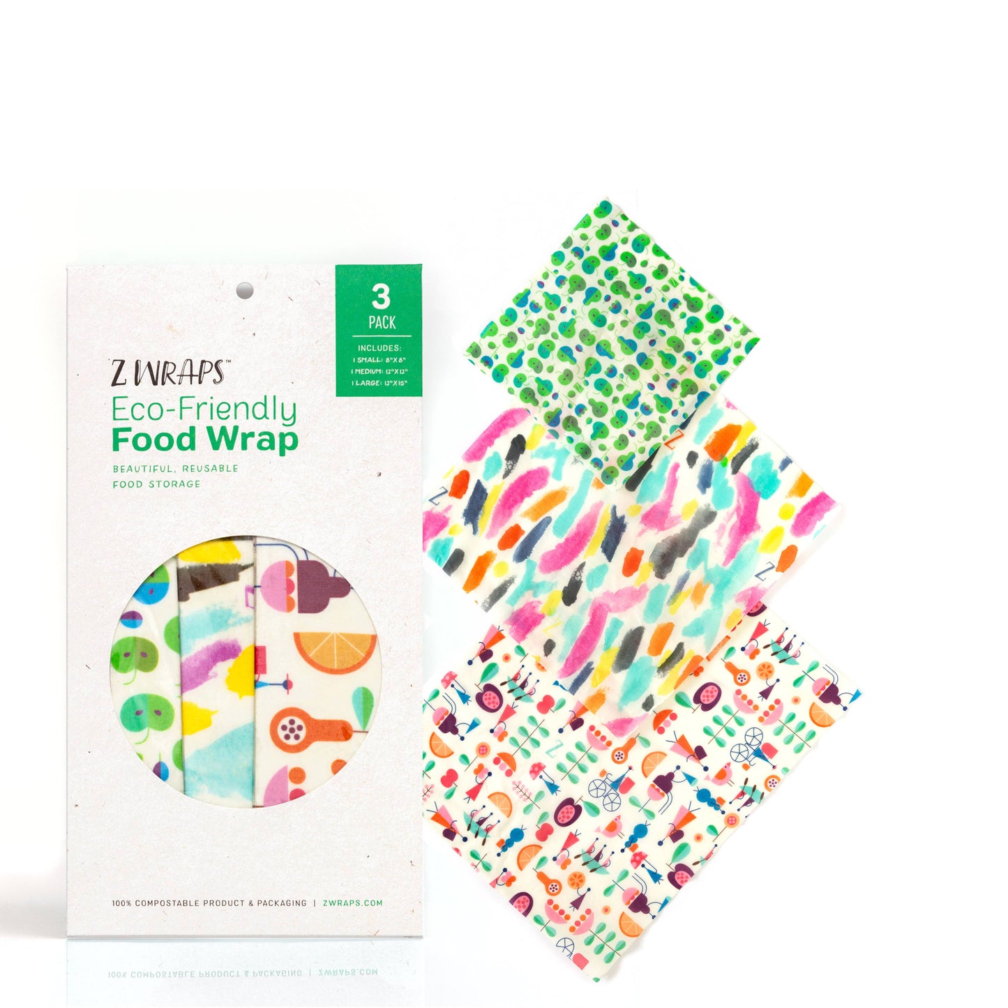 Z Wraps - Z Wraps 3-Pack Reusable Beeswax Food Wrap, 3 Designs-S,M,L
