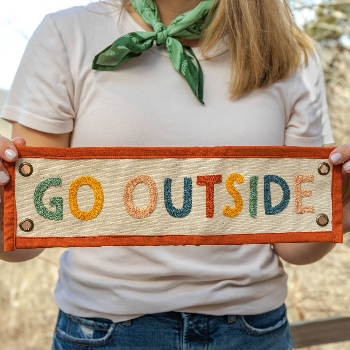 Rainbow Go Outside Embroidered Canvas Banner